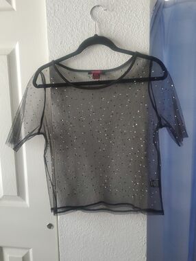 Black Sheer Rhinestone Mesh Crop Top